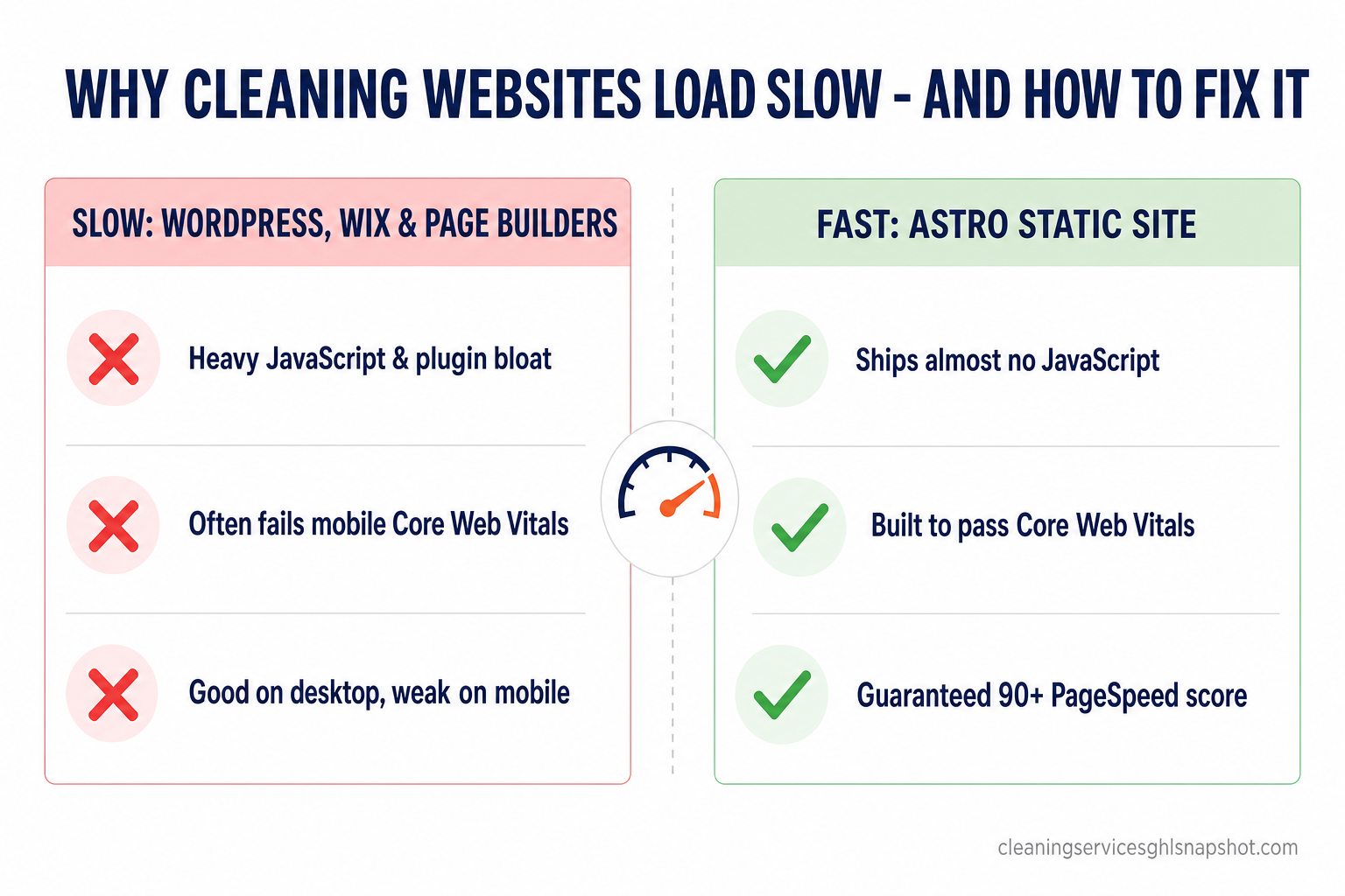 Two-column comparison slide: slow WordPress, Wix and page-builder cleaning sites (heavy JavaScript and plugin bloat, often fail mobile Core Web Vitals, good on desktop but weak on mobile) versus a fast Astro static site (ships almost no JavaScript, built to pass Core Web Vitals, guaranteed 90-plus PageSpeed score).