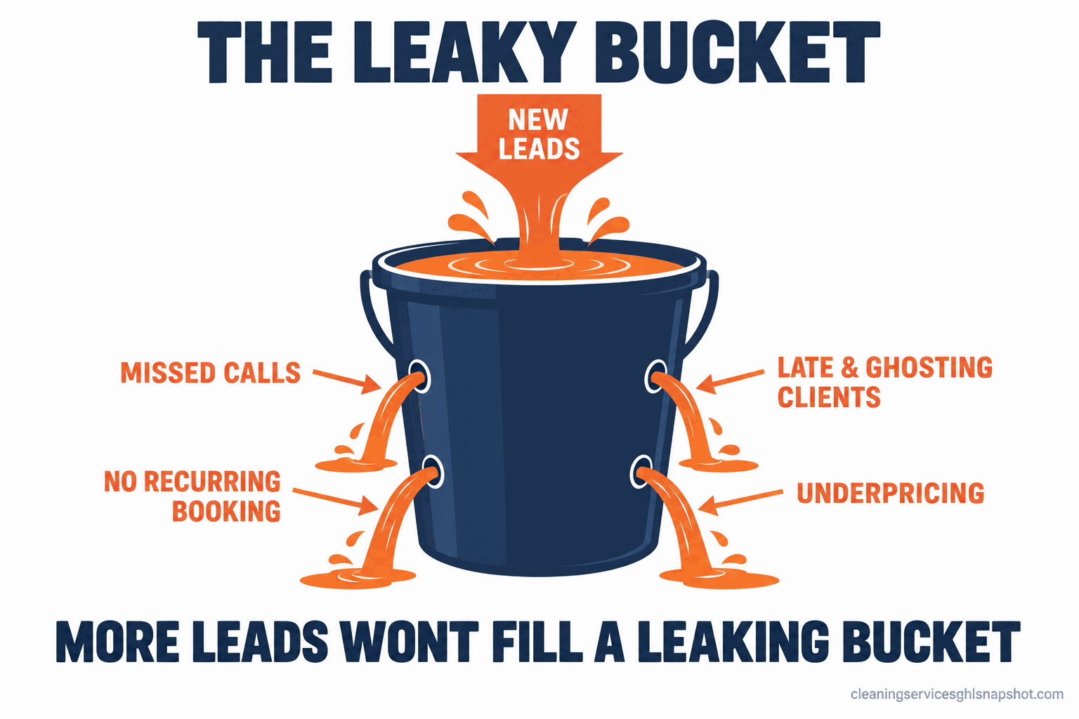Infographic titled The Leaky Bucket showing a bucket being filled from the top by an arrow labeled new leads, while water pours out of holes in the side labeled missed calls, no recurring booking, late and ghosting clients, and underpricing, with a caption that more leads will not fill a leaking bucket.