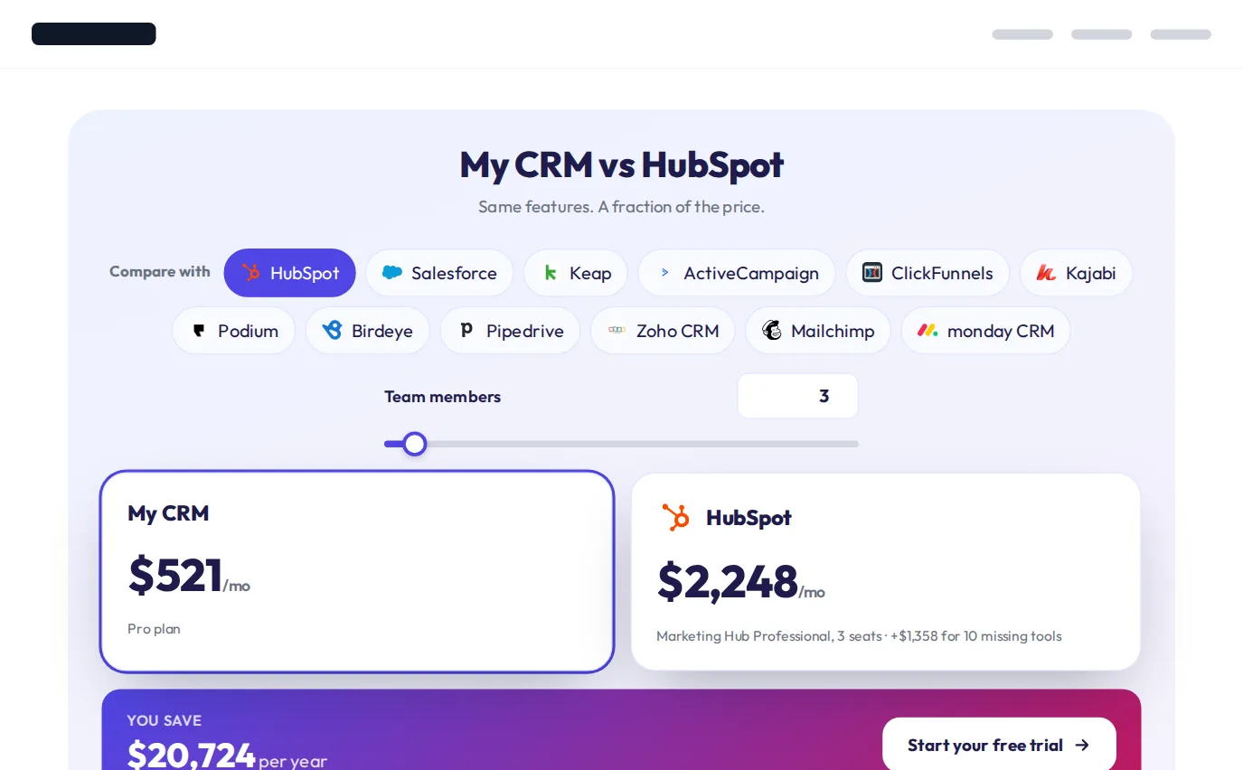 Us versus them calculator comparing two monthly costs with a team size slider and a yearly savings total