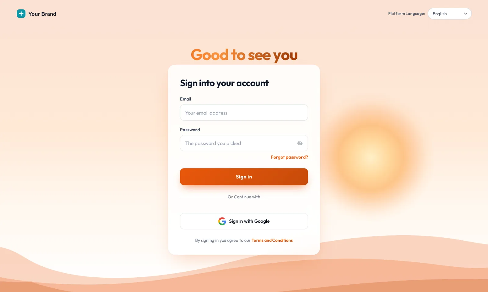 GoHighLevel sign-in page with the Sunrise hills design in warm peach tones
