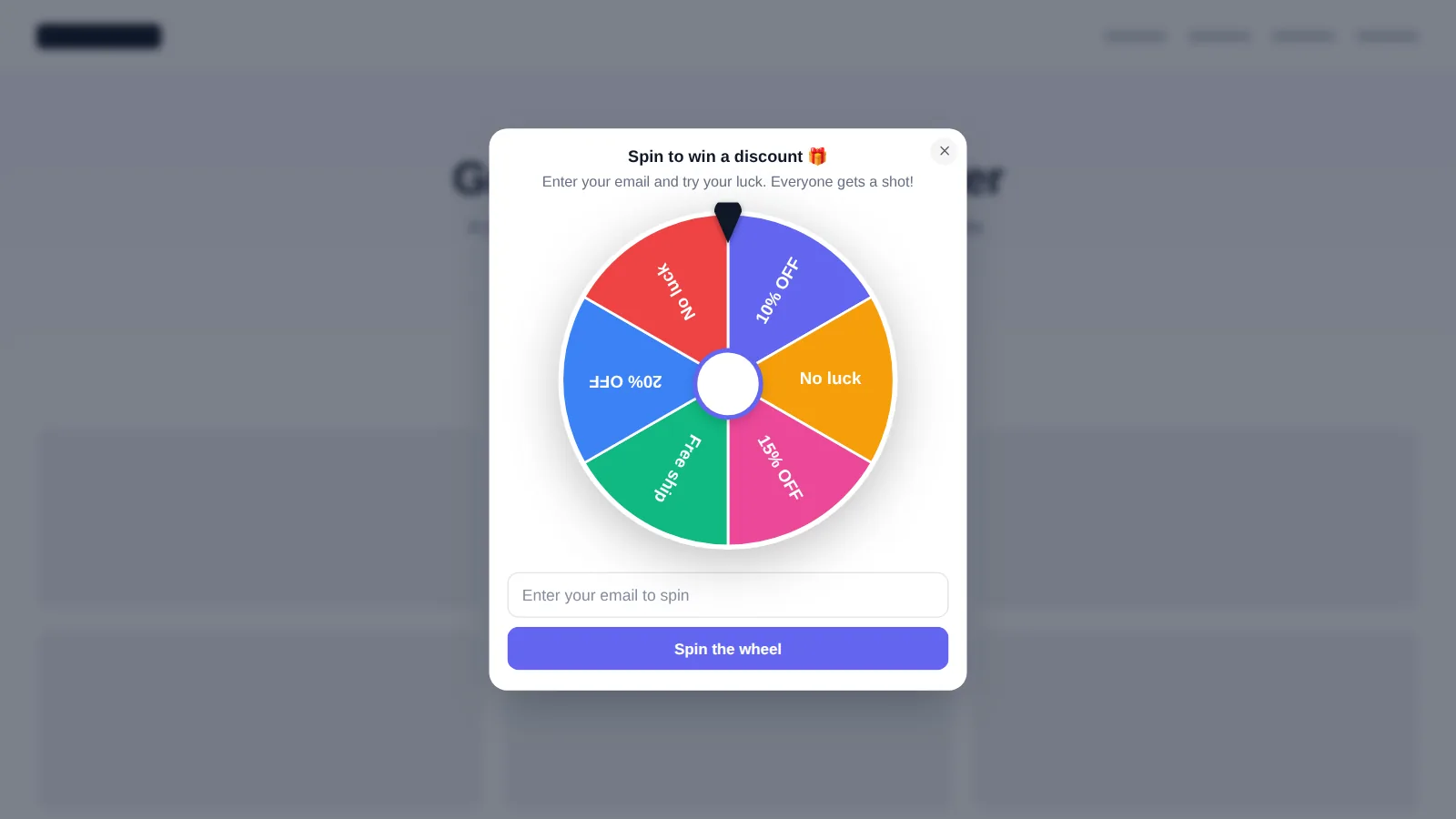 Website with a prize wheel widget asking for an email address before the spin
