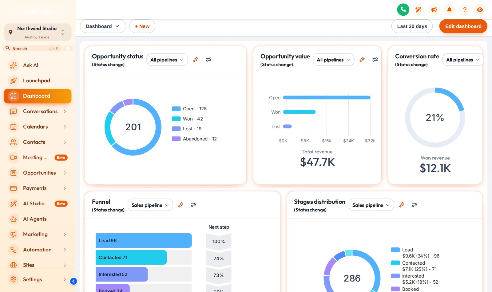 GoHighLevel with the Golden Hour theme: peach sidebar, amber active state and soft cards